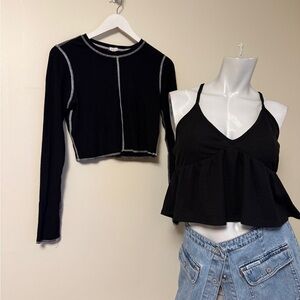 GARAGE BUNDLE! Contrast Stitch Long Sleeve Ribbed Cropped Top Lg Black & Cami